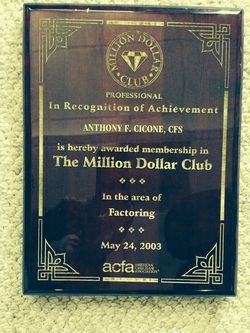 Picture of plaque indicating million dollar club award in cash flow industry of factoring